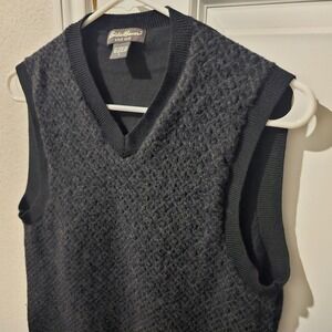 Eddie Bauer Mens Merino Wool Sweater Vest V-Neck Black Charcoal Grey Large